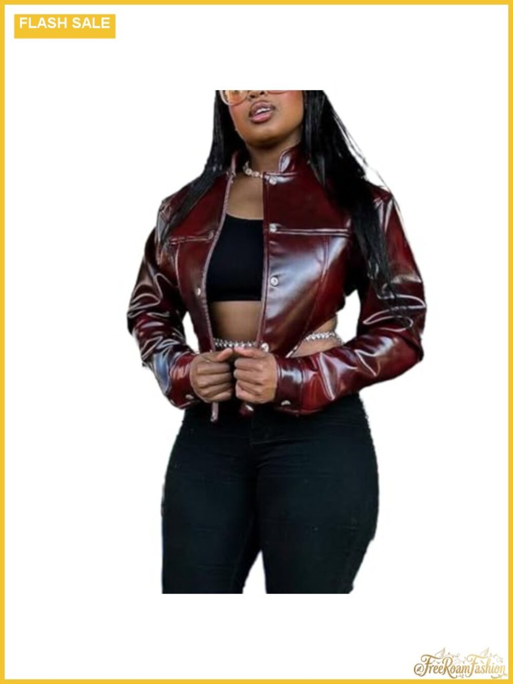 Faux Leather Cropped Bomber Moto Jacket Button Long Sleeve